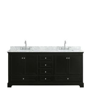 Deborah 80 Inch Double Bathroom Vanity in Dark Espresso White Carrara Marble Countertop Undermount Square Sinks and No Mirrors