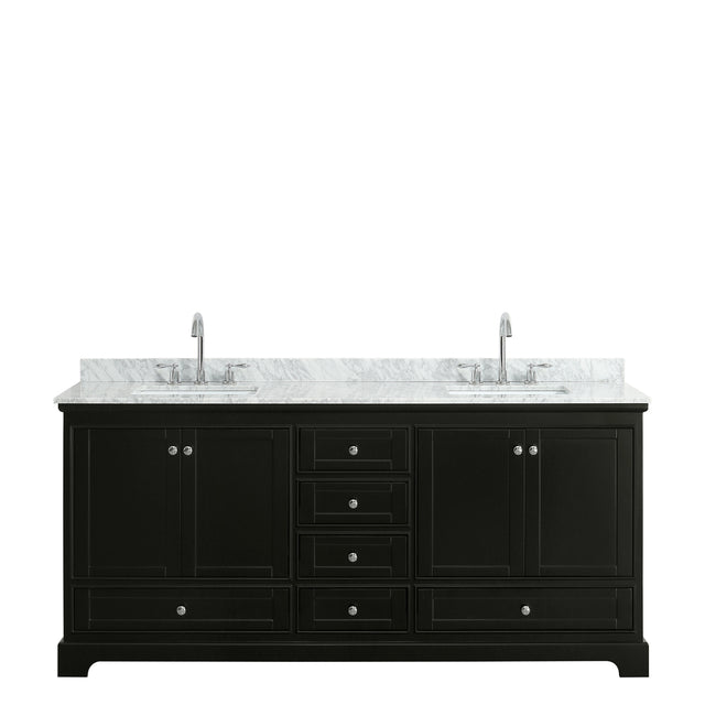 Deborah 80 Inch Double Bathroom Vanity in Dark Espresso White Carrara Marble Countertop Undermount Square Sinks and No Mirrors