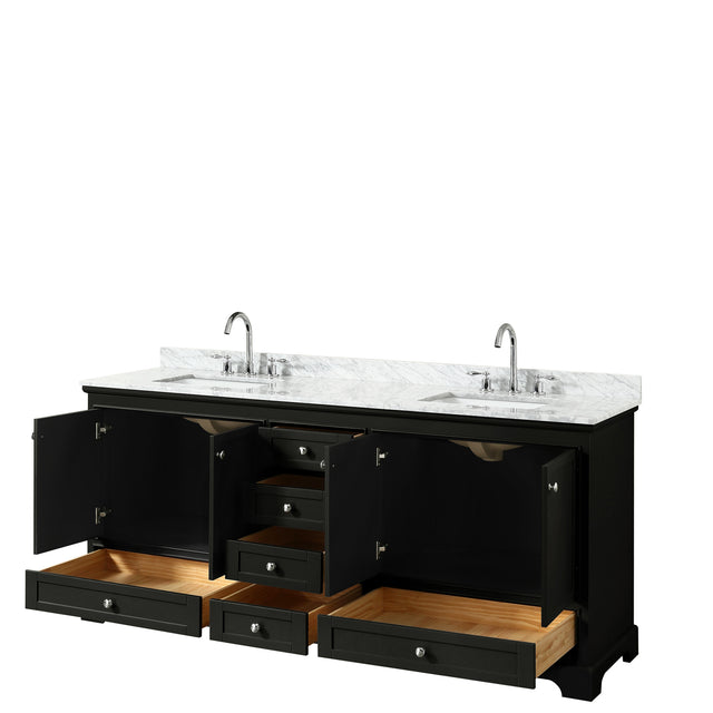 Deborah 80 Inch Double Bathroom Vanity in Dark Espresso White Carrara Marble Countertop Undermount Square Sinks and No Mirrors