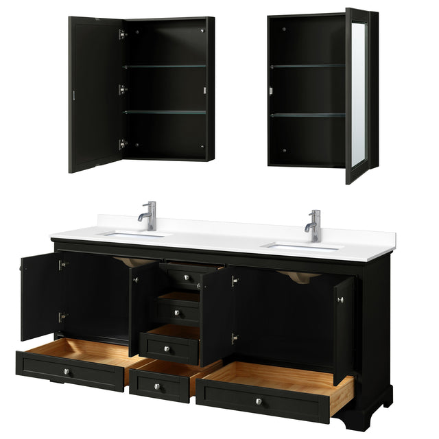Deborah 80 Inch Double Bathroom Vanity in Dark Espresso White Cultured Marble Countertop Undermount Square Sinks Medicine Cabinets