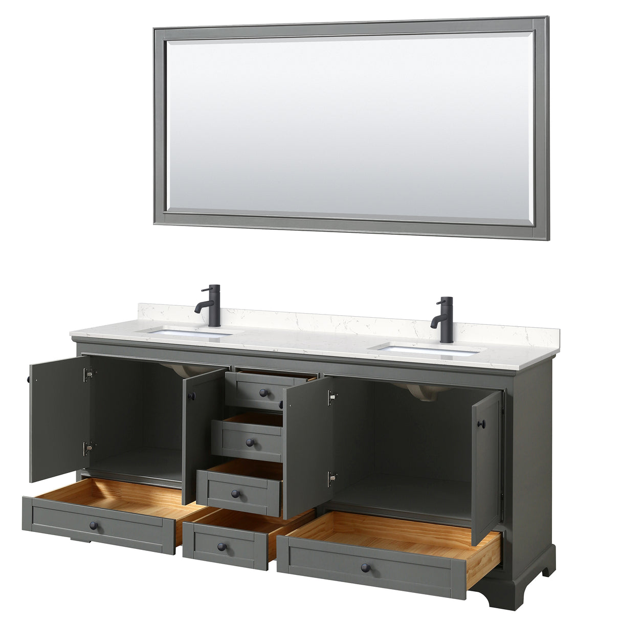 Deborah 80 Inch Double Bathroom Vanity in Dark Gray Carrara Cultured Marble Countertop Undermount Square Sinks Matte Black Trim 70 Inch Mirror