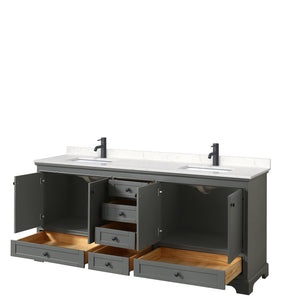 Deborah 80 Inch Double Bathroom Vanity in Dark Gray Carrara Cultured Marble Countertop Undermount Square Sinks Matte Black Trim