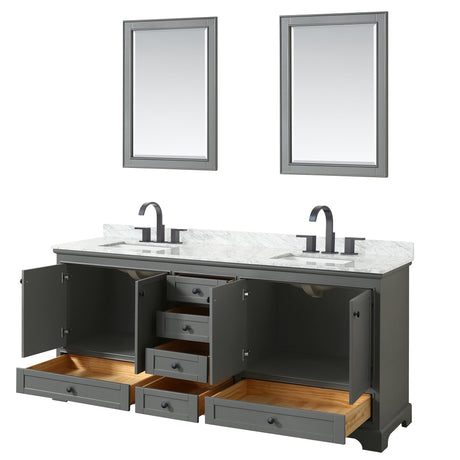 Deborah 80 Inch Double Bathroom Vanity in Dark Gray White Carrara Marble Countertop Undermount Square Sinks Matte Black Trim 24 Inch Mirrors