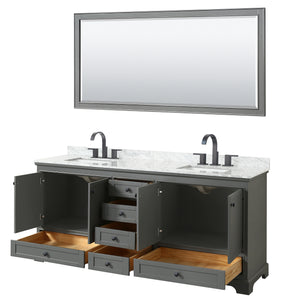 Deborah 80 Inch Double Bathroom Vanity in Dark Gray White Carrara Marble Countertop Undermount Square Sinks Matte Black Trim 70 Inch Mirror