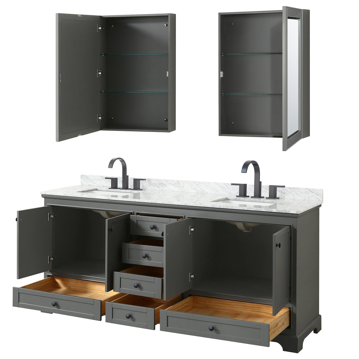 Deborah 80 Inch Double Bathroom Vanity in Dark Gray White Carrara Marble Countertop Undermount Square Sinks Matte Black Trim Medicine Cabinets