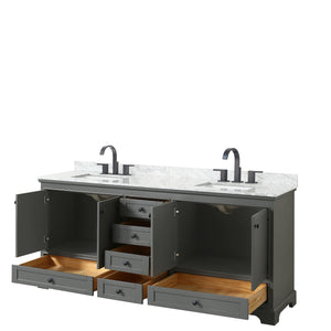 Deborah 80 Inch Double Bathroom Vanity in Dark Gray White Carrara Marble Countertop Undermount Square Sinks Matte Black Trim