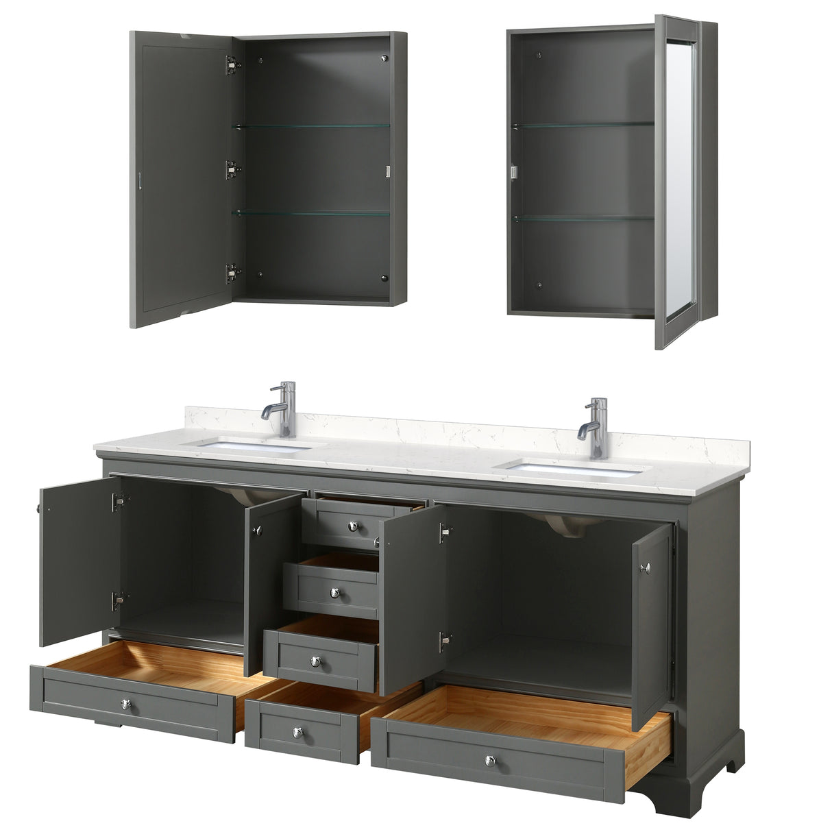 Deborah 80 Inch Double Bathroom Vanity in Dark Gray Carrara Cultured Marble Countertop Undermount Square Sinks Medicine Cabinets