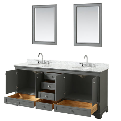 Deborah 80 Inch Double Bathroom Vanity in Dark Gray White Carrara Marble Countertop Undermount Oval Sinks and 24 Inch Mirrors