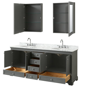Deborah 80 Inch Double Bathroom Vanity in Dark Gray White Carrara Marble Countertop Undermount Oval Sinks and Medicine Cabinets