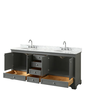 Deborah 80 Inch Double Bathroom Vanity in Dark Gray White Carrara Marble Countertop Undermount Oval Sinks and No Mirrors