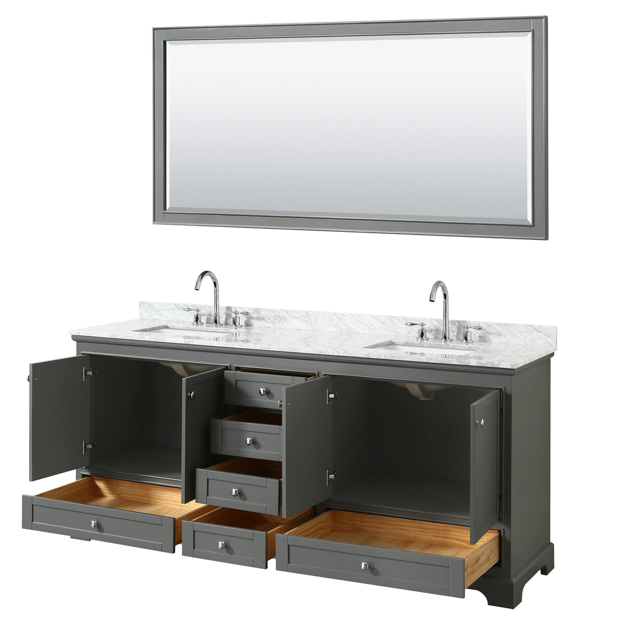 Deborah 80 Inch Double Bathroom Vanity in Dark Gray White Carrara Marble Countertop Undermount Square Sinks and 70 Inch Mirror