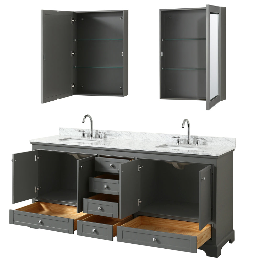 Deborah 80 Inch Double Bathroom Vanity in Dark Gray White Carrara Marble Countertop Undermount Square Sinks and Medicine Cabinets