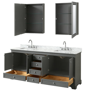 Deborah 80 Inch Double Bathroom Vanity in Dark Gray White Carrara Marble Countertop Undermount Square Sinks and Medicine Cabinets