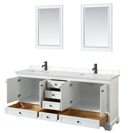 Deborah 80 Inch Double Bathroom Vanity in White Carrara Cultured Marble Countertop Undermount Square Sinks Matte Black Trim 24 Inch Mirrors