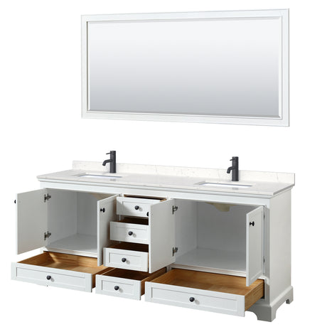 Deborah 80 Inch Double Bathroom Vanity in White Carrara Cultured Marble Countertop Undermount Square Sinks Matte Black Trim 70 Inch Mirror