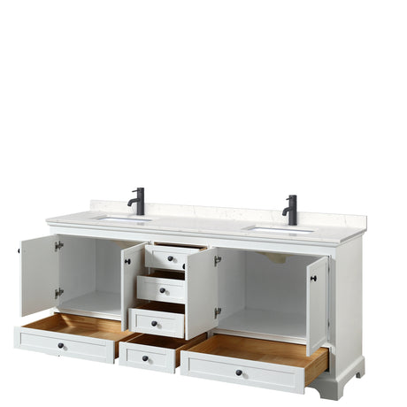 Deborah 80 Inch Double Bathroom Vanity in White Carrara Cultured Marble Countertop Undermount Square Sinks Matte Black Trim