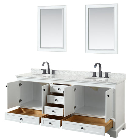 Deborah 80 Inch Double Bathroom Vanity in White White Carrara Marble Countertop Undermount Oval Sinks Matte Black Trim 24 Inch Mirrors