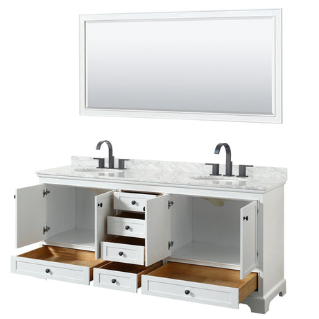 Deborah 80 Inch Double Bathroom Vanity in White White Carrara Marble Countertop Undermount Oval Sinks Matte Black Trim 70 Inch Mirror