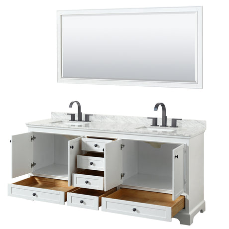Deborah 80 Inch Double Bathroom Vanity in White White Carrara Marble Countertop Undermount Square Sinks Matte Black Trim 70 Inch Mirror