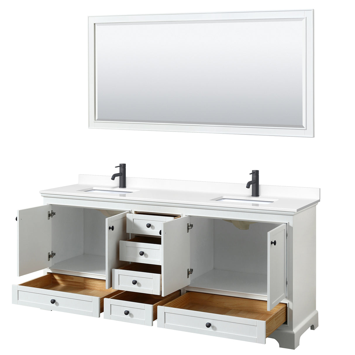 Deborah 80 Inch Double Bathroom Vanity in White White Cultured Marble Countertop Undermount Square Sinks Matte Black Trim 70 Inch Mirror