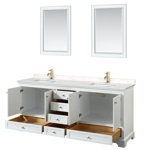Deborah 80 Inch Double Bathroom Vanity in White Carrara Cultured Marble Countertop Undermount Square Sinks Brushed Gold Trim 24 Inch Mirrors