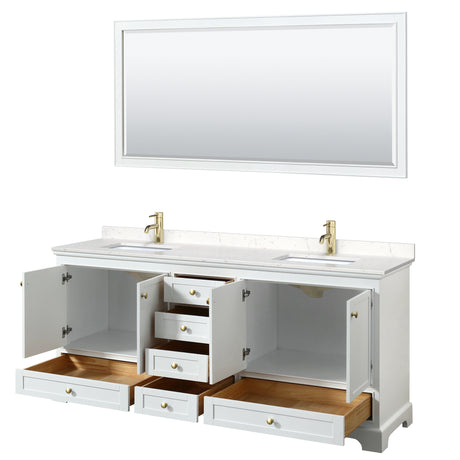 Deborah 80 Inch Double Bathroom Vanity in White Carrara Cultured Marble Countertop Undermount Square Sinks Brushed Gold Trim 70 Inch Mirror