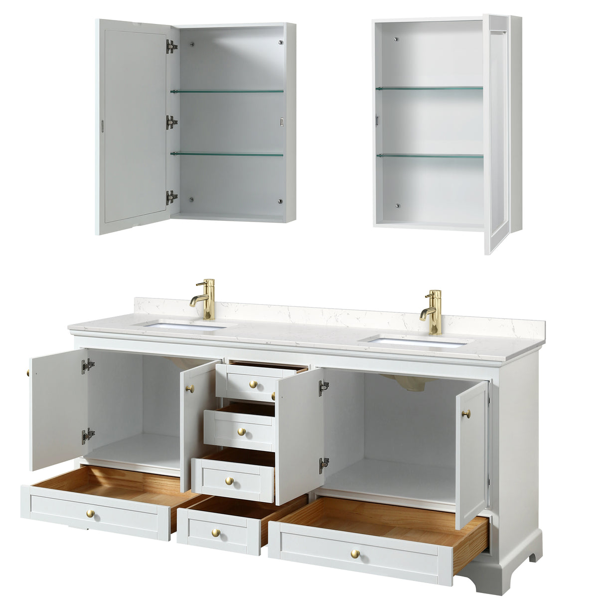 Deborah 80 Inch Double Bathroom Vanity in White Carrara Cultured Marble Countertop Undermount Square Sinks Brushed Gold Trim Medicine Cabinets