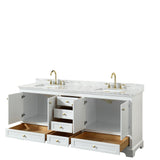 Deborah 80 Inch Double Bathroom Vanity in White White Carrara Marble Countertop Undermount Square Sinks Brushed Gold Trim No Mirrors
