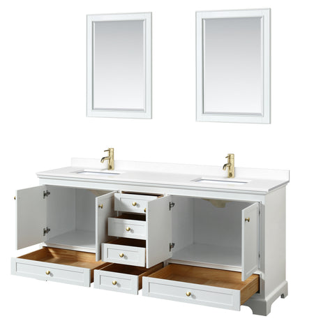 Deborah 80 Inch Double Bathroom Vanity in White White Cultured Marble Countertop Undermount Square Sinks Brushed Gold Trim 24 Inch Mirrors