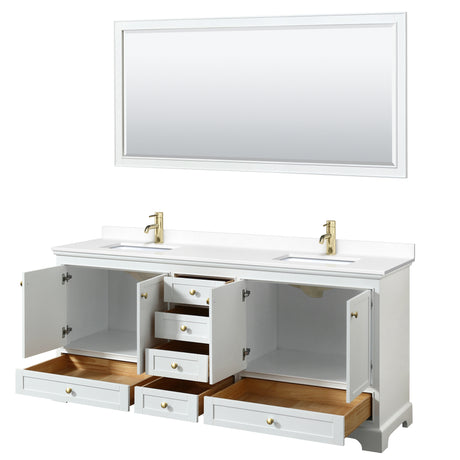 Deborah 80 Inch Double Bathroom Vanity in White White Cultured Marble Countertop Undermount Square Sinks Brushed Gold Trim 70 Inch Mirror