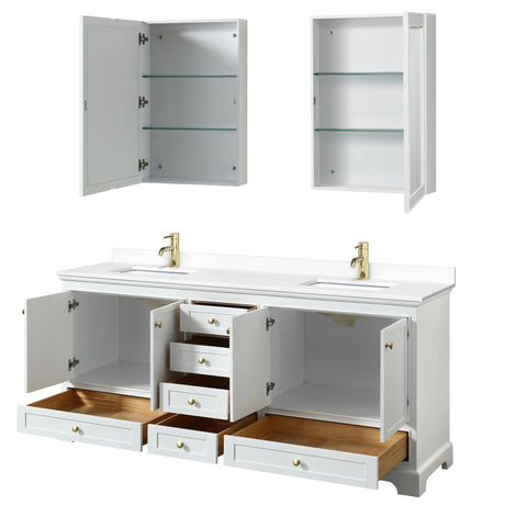 Deborah 80 Inch Double Bathroom Vanity in White White Cultured Marble Countertop Undermount Square Sinks Brushed Gold Trim Medicine Cabinets