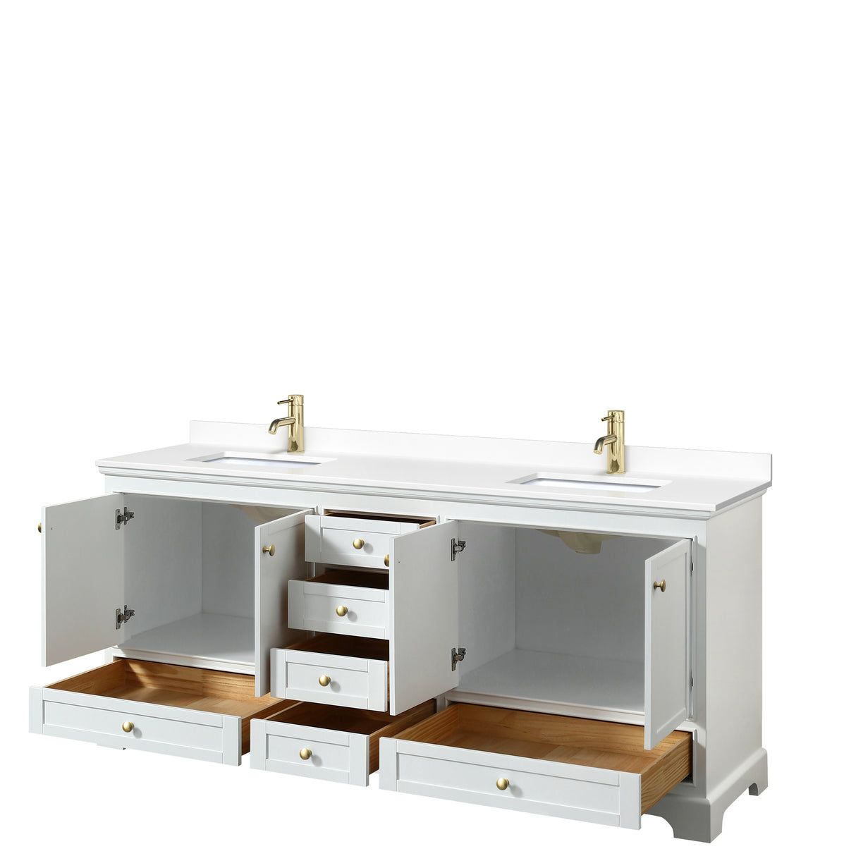 Deborah 80 Inch Double Bathroom Vanity in White White Cultured Marble Countertop Undermount Square Sinks Brushed Gold Trim No Mirrors