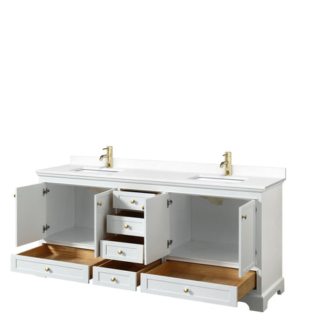 Deborah 80 Inch Double Bathroom Vanity in White White Cultured Marble Countertop Undermount Square Sinks Brushed Gold Trim No Mirrors