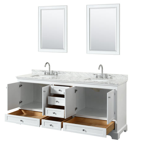 Deborah 80 Inch Double Bathroom Vanity in White White Carrara Marble Countertop Undermount Square Sinks and 24 Inch Mirrors