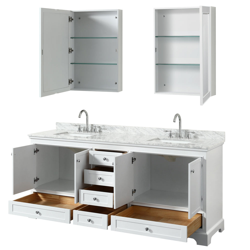 Deborah 80 Inch Double Bathroom Vanity in White White Carrara Marble Countertop Undermount Square Sinks and Medicine Cabinets