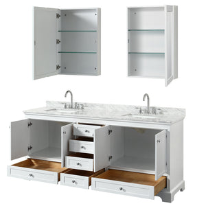 Deborah 80 Inch Double Bathroom Vanity in White White Carrara Marble Countertop Undermount Square Sinks and Medicine Cabinets