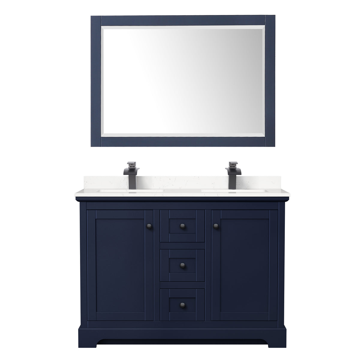 Avery 48 Inch Double Bathroom Vanity in Dark Blue Carrara Cultured Marble Countertop Undermount Square Sinks Matte Black Trim 46 Inch Mirror