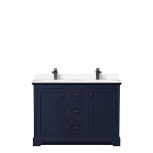 Avery 48 Inch Double Bathroom Vanity in Dark Blue Carrara Cultured Marble Countertop Undermount Square Sinks Matte Black Trim