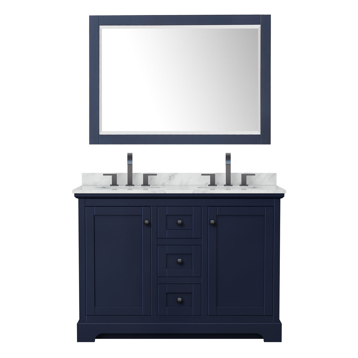Avery 48 Inch Double Bathroom Vanity in Dark Blue White Carrara Marble Countertop Undermount Oval Sinks Matte Black Trim 46 Inch Mirror