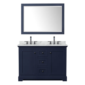 Avery 48 Inch Double Bathroom Vanity in Dark Blue White Carrara Marble Countertop Undermount Oval Sinks Matte Black Trim 46 Inch Mirror