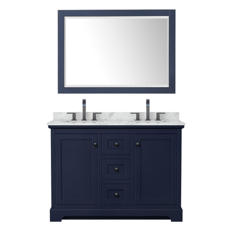 Avery 48 Inch Double Bathroom Vanity in Dark Blue White Carrara Marble Countertop Undermount Oval Sinks Matte Black Trim 46 Inch Mirror