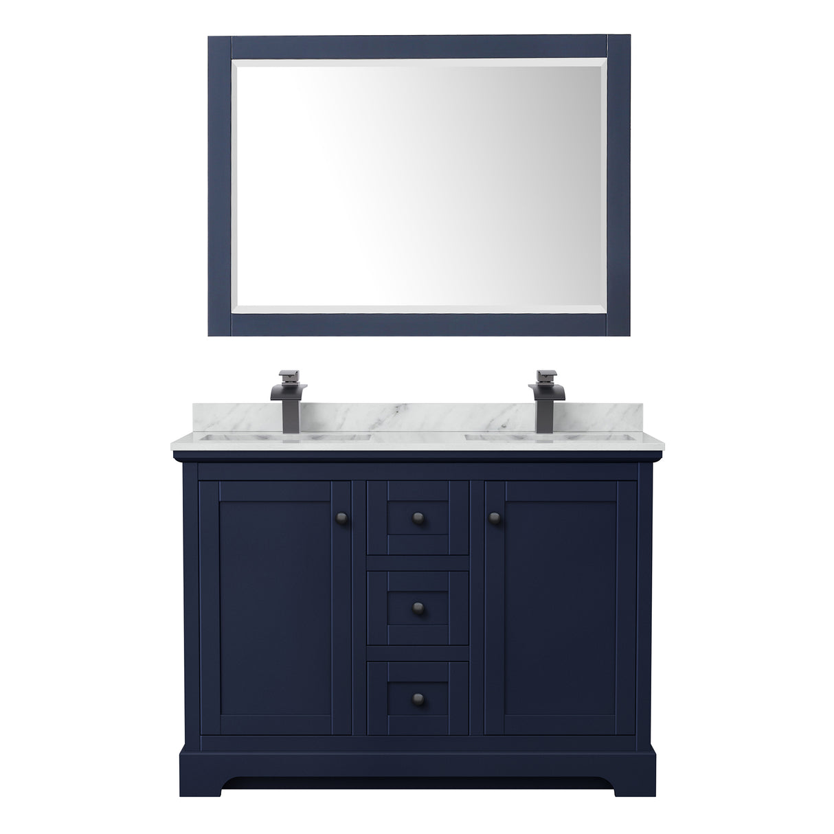 Avery 48 Inch Double Bathroom Vanity in Dark Blue White Carrara Marble Countertop Undermount Square Sinks Matte Black Trim 46 Inch Mirror