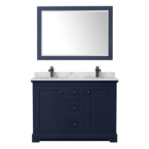 Avery 48 Inch Double Bathroom Vanity in Dark Blue White Carrara Marble Countertop Undermount Square Sinks Matte Black Trim 46 Inch Mirror