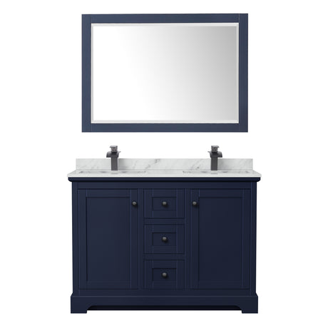 Avery 48 Inch Double Bathroom Vanity in Dark Blue White Carrara Marble Countertop Undermount Square Sinks Matte Black Trim 46 Inch Mirror