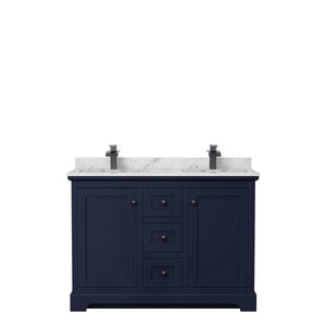 Avery 48 Inch Double Bathroom Vanity in Dark Blue White Carrara Marble Countertop Undermount Square Sinks Matte Black Trim