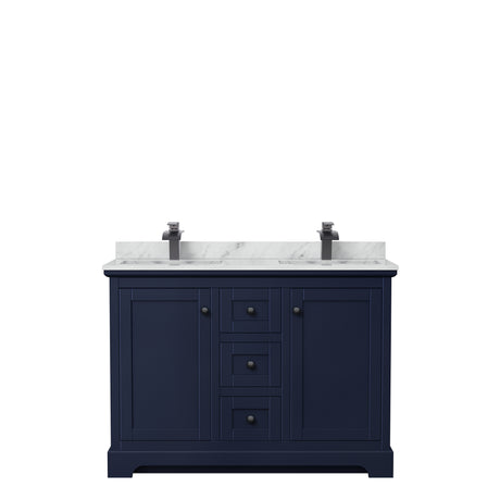 Avery 48 Inch Double Bathroom Vanity in Dark Blue White Carrara Marble Countertop Undermount Square Sinks Matte Black Trim