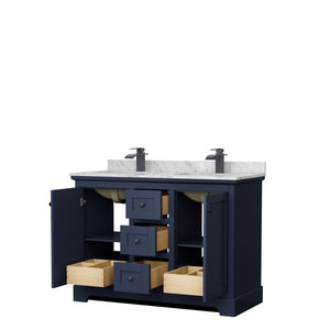 Avery 48 Inch Double Bathroom Vanity in Dark Blue White Carrara Marble Countertop Undermount Square Sinks Matte Black Trim