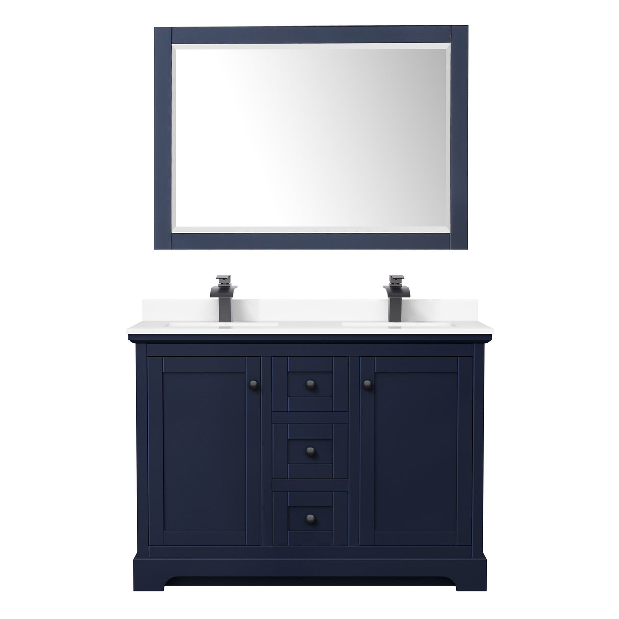 Avery 48 Inch Double Bathroom Vanity in Dark Blue White Cultured Marble Countertop Undermount Square Sinks Matte Black Trim 46 Inch Mirror