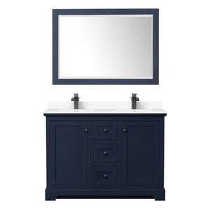 Avery 48 Inch Double Bathroom Vanity in Dark Blue White Cultured Marble Countertop Undermount Square Sinks Matte Black Trim 46 Inch Mirror