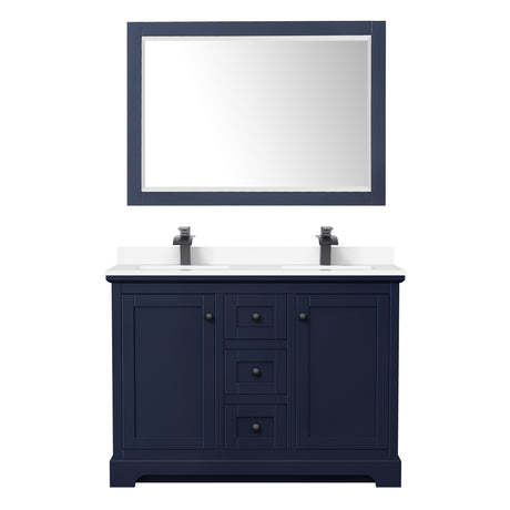 Avery 48 Inch Double Bathroom Vanity in Dark Blue White Cultured Marble Countertop Undermount Square Sinks Matte Black Trim 46 Inch Mirror